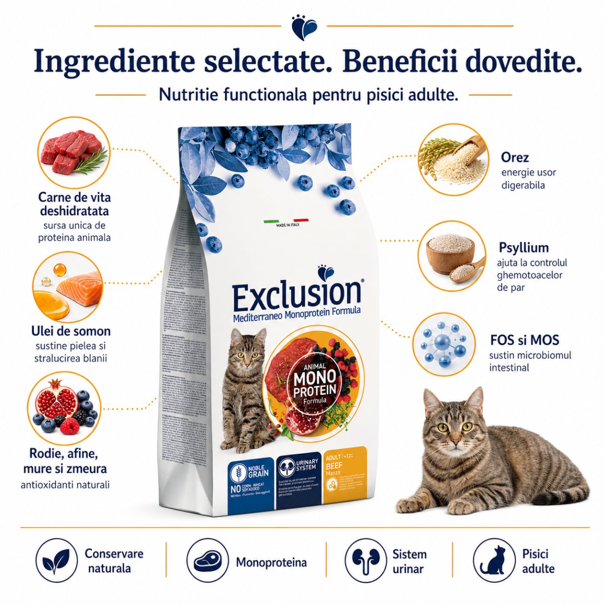 EXCLUSION Mediterraneo Monoprotein, Vită, hrană uscată monoproteică pisici, 1.5kg